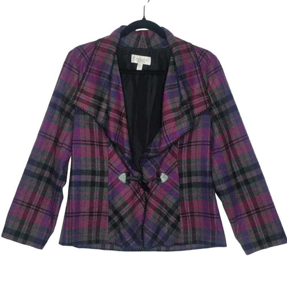 Conrad C Plaid Wool Blend Blazer 6 Ruffle Front Fall Pink Purple Gray Career